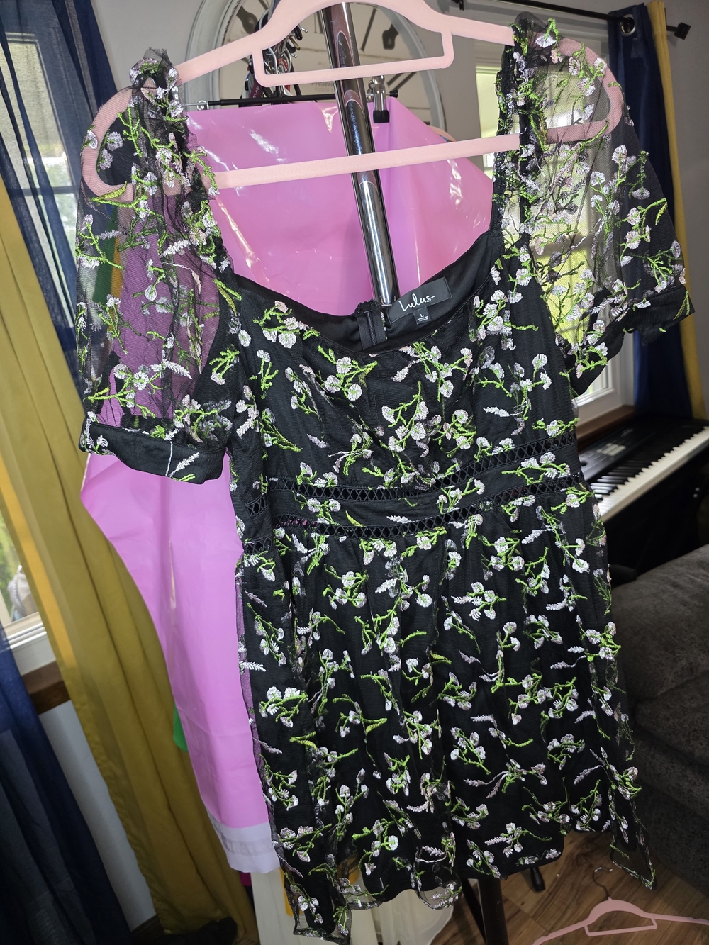 Lulu's Black Mini Dress with Green and White Floral Embroidery
